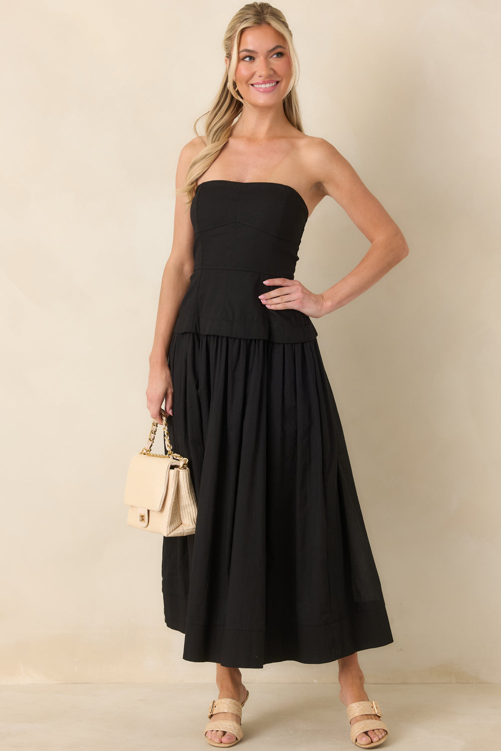 Black-Midi-Dress-Featuring-A-Paneled-Bodice