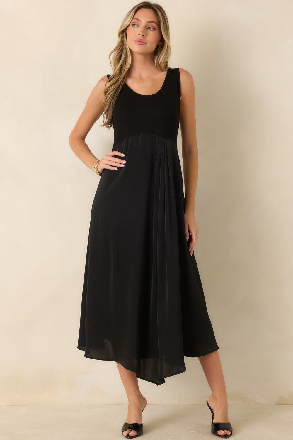 Black-Sleeveless-Knit-Satin-Midi-Dress