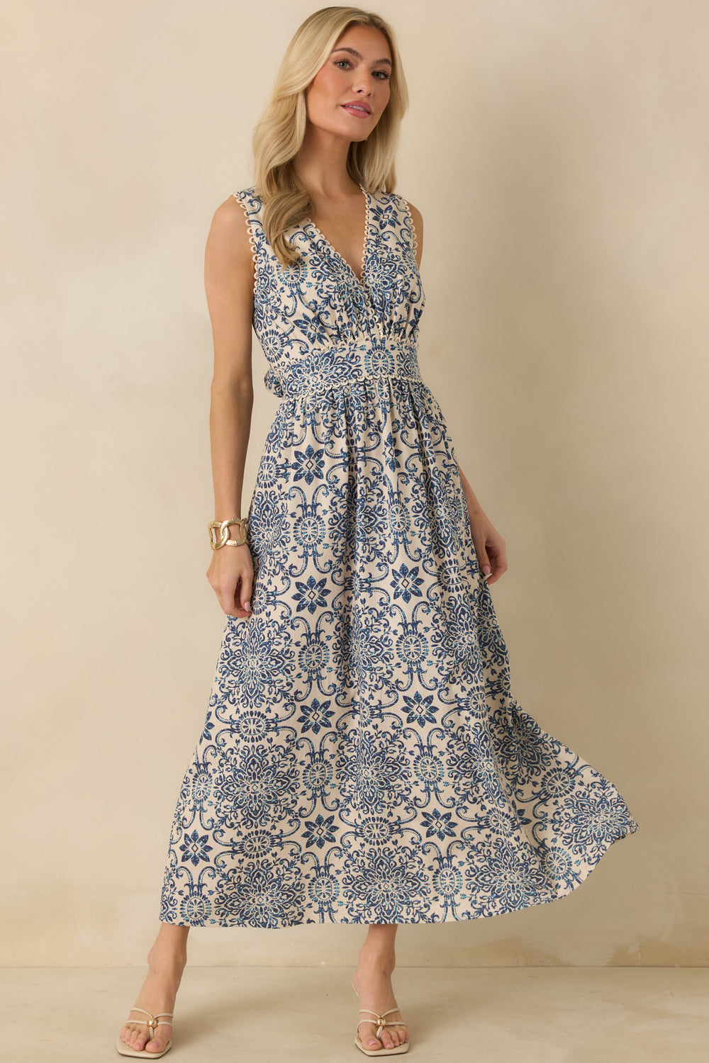 Blue-And-Ivory-Tile-Print-Midi-Dress-V-Neckline