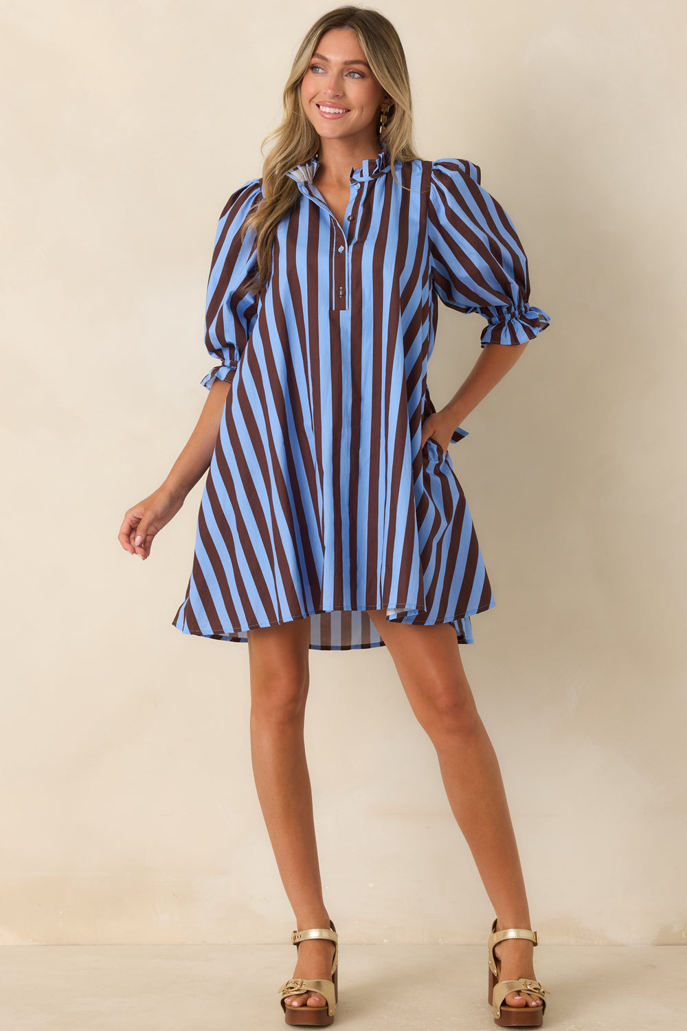 Blue-Brown-Striped-Cotton-Mini-Dress