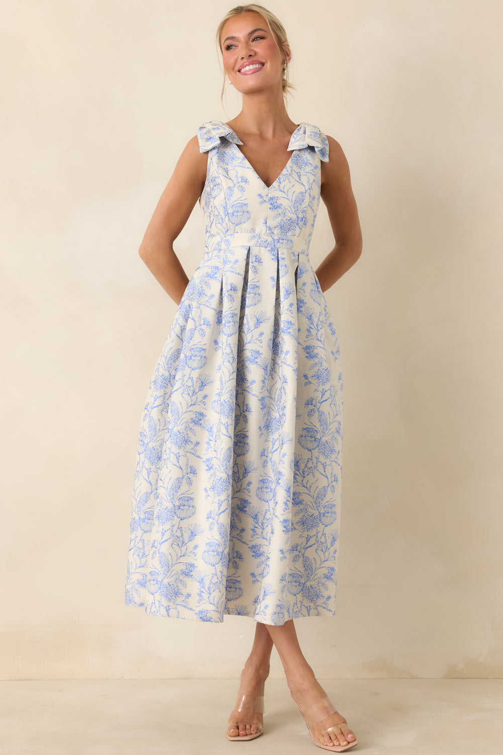 Blue-Floral-Midi-Dress-With-Bow-Tie-Shoulder-Straps