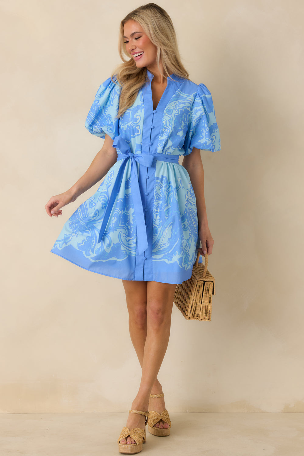 Blue-Paisley-Mini-Dress-V-Neck-Button-Front-Puff-Sleeves