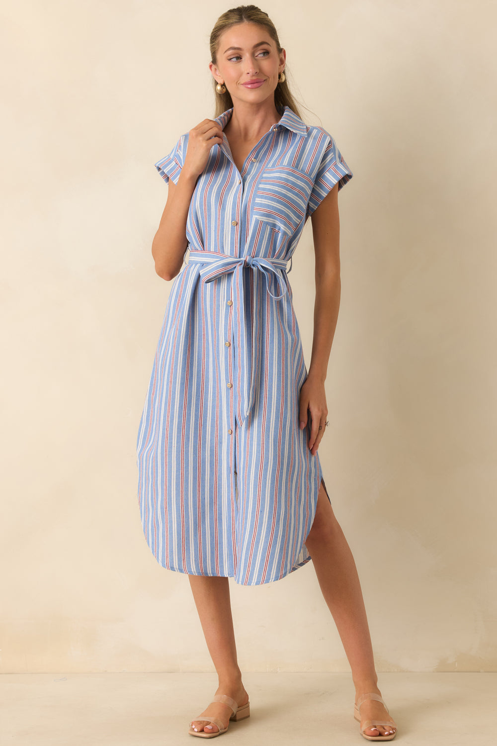 Blue-Red-Ivory-Striped-Belted-Button-Front-Midi-Dress