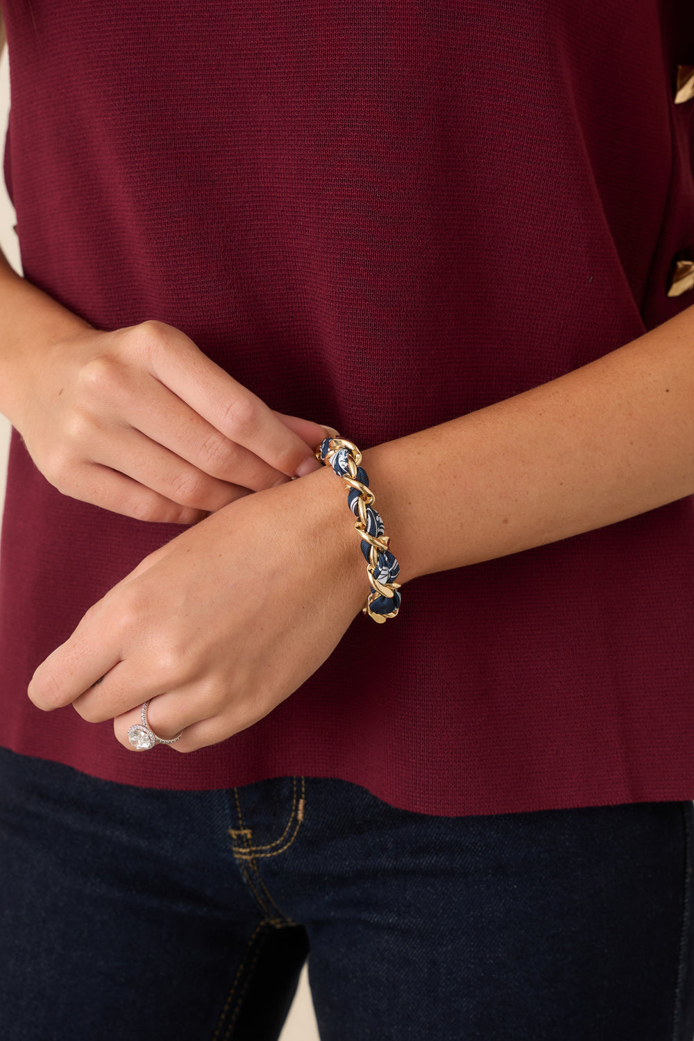 Braided-Blue-Scarf-And-Gold-Link-Bracelet