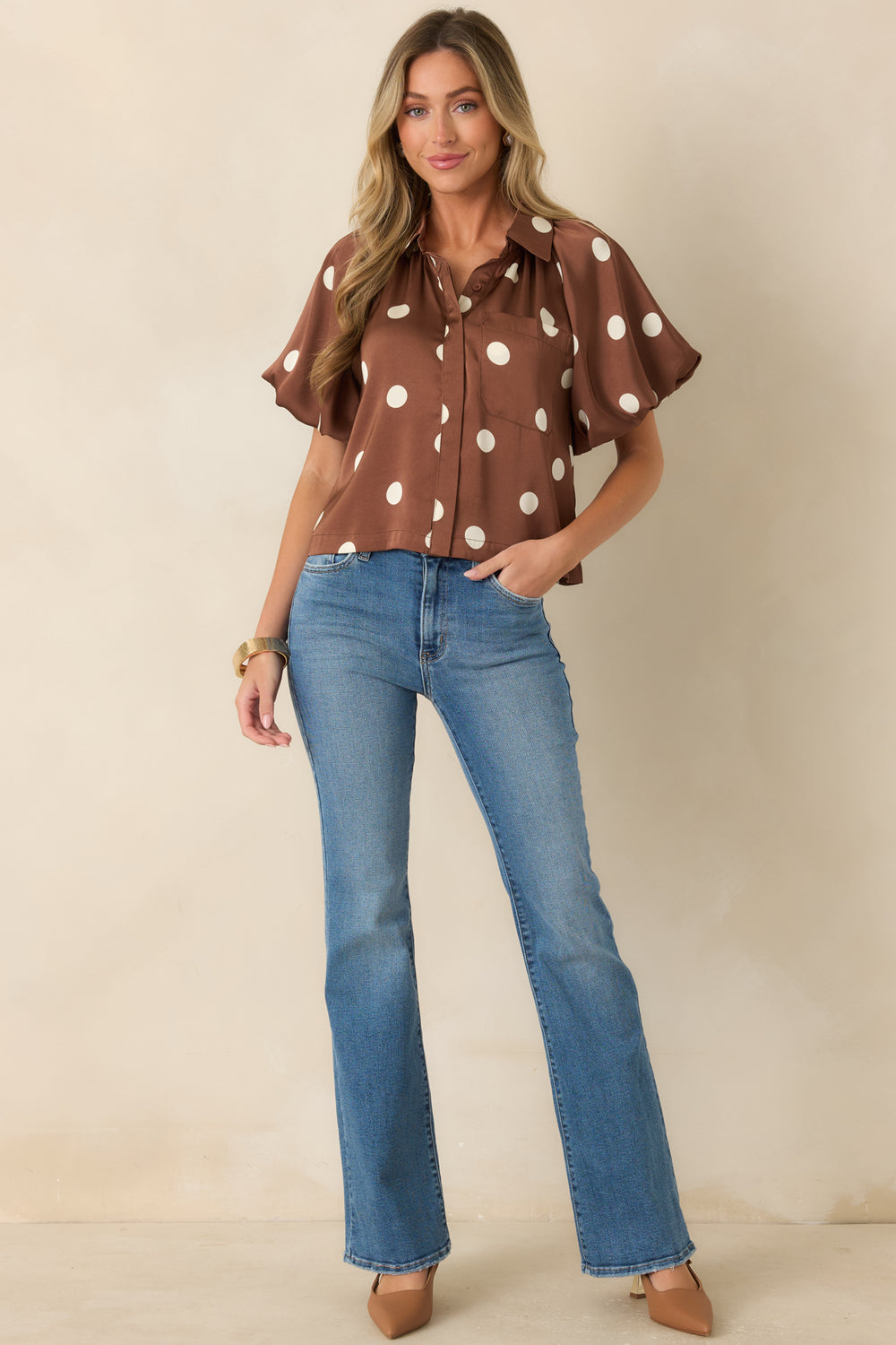 Brown-Ivory-Polka-Dot-Puff-Sleeve-Blouse