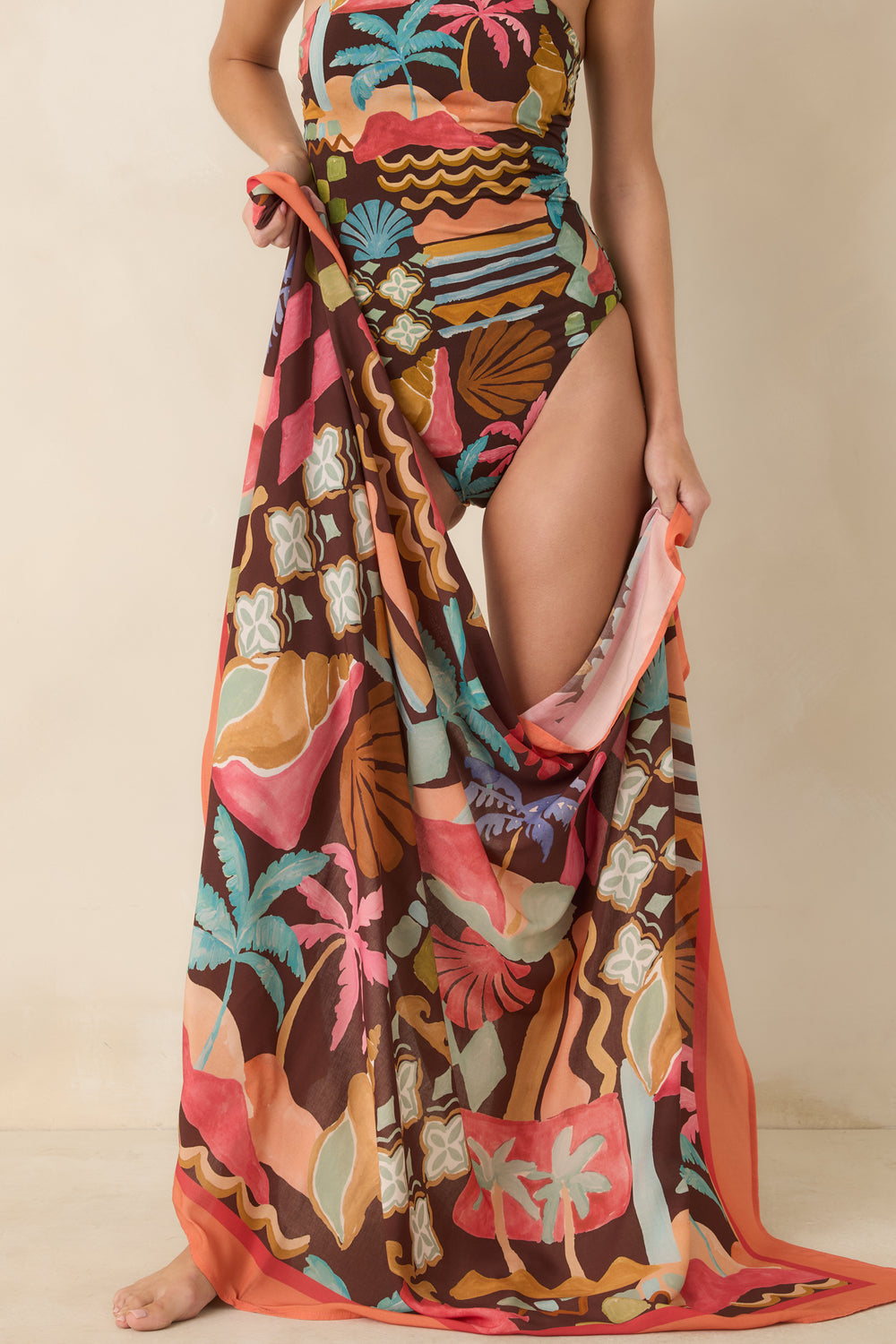 Brown-Orange-Multi-Print-Sarong-Vintage-Coastal-Wrap-Side-Tie