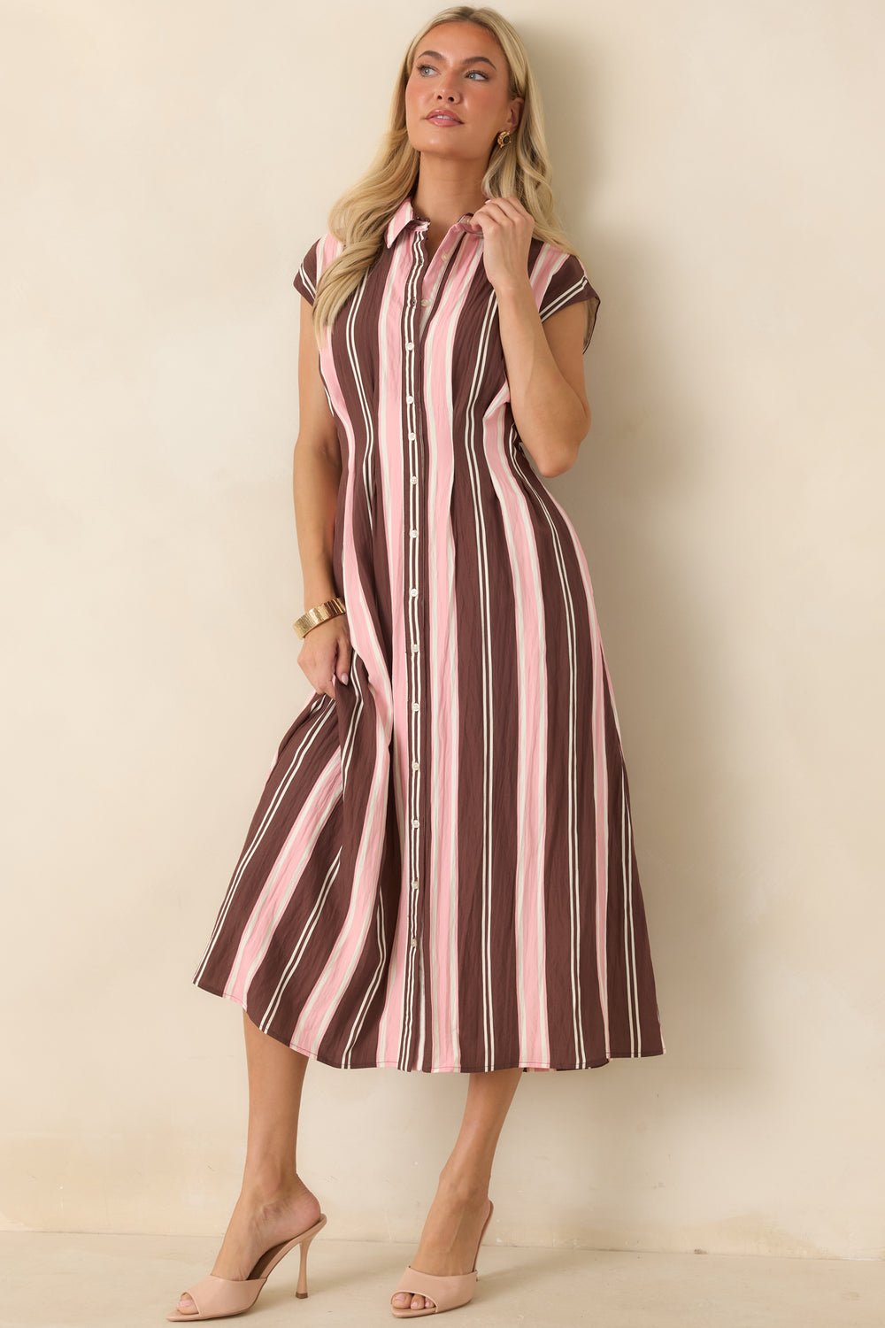 Brown-Pink-Ivory-Striped-Midi-Dress