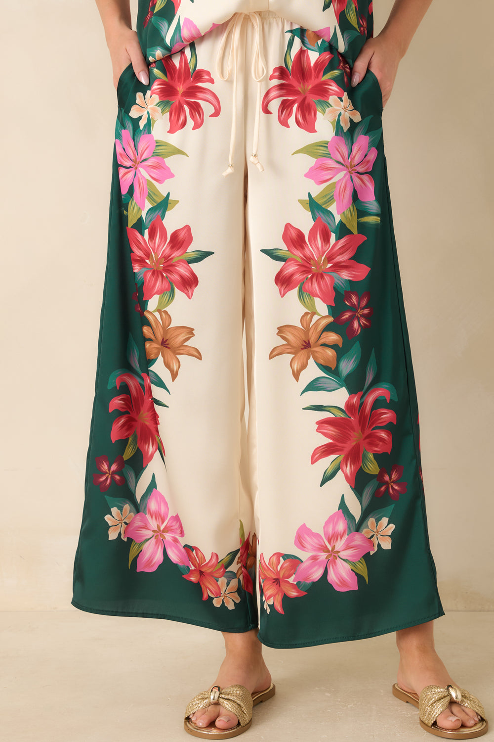 Close-View-Teal-Floral-Silky-Fabric-High-Rise-Waistband-Pants