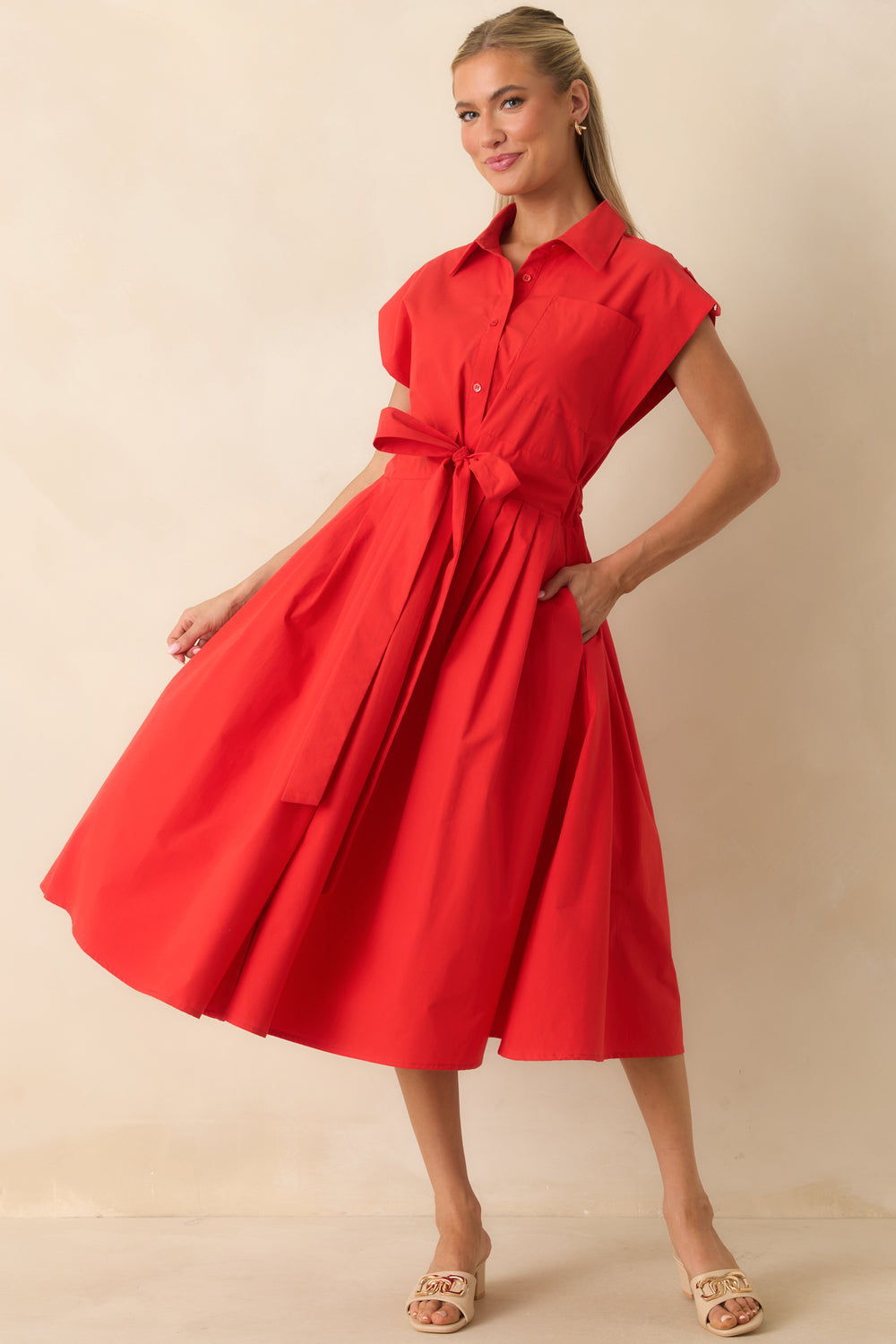 Collared-Button-Front-Pleated-Midi-Dress