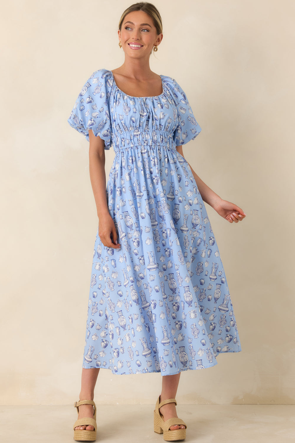 Cotton-Dress-With-Vintage-Inspired-Toile-Pattern-And-Puff-Sleeves