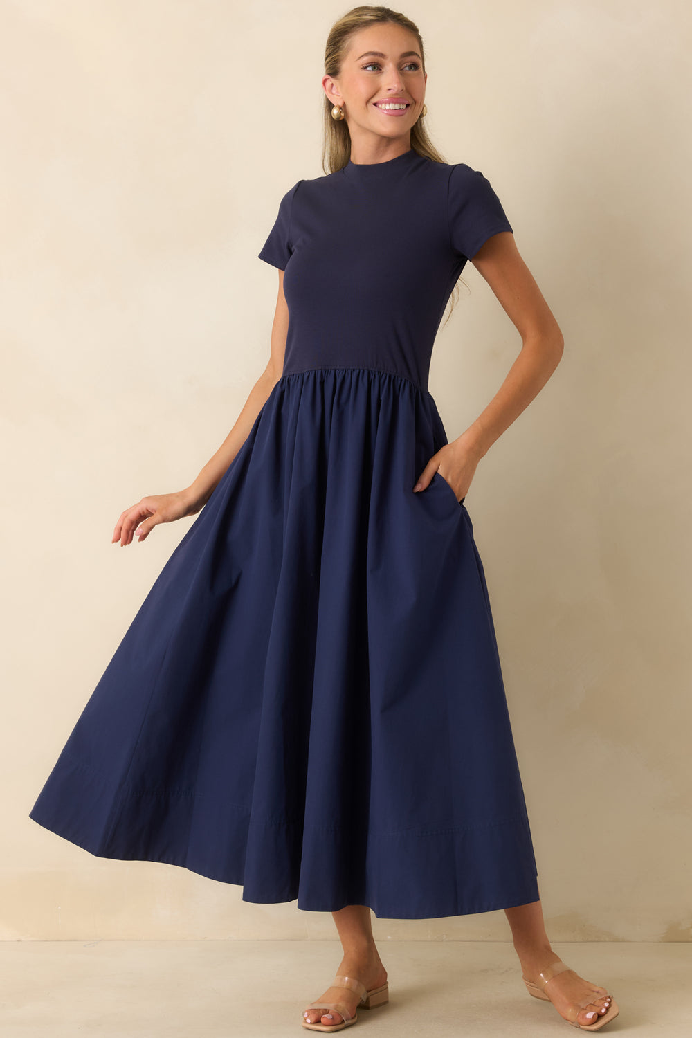 Cotton-Mock-Neck-Gathered-Skirt-Midi-Dress