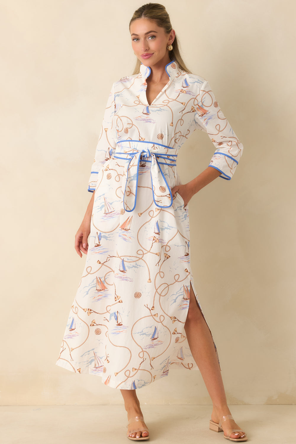 Cotton-Stand-Collar-Piped-Maxi-Dress