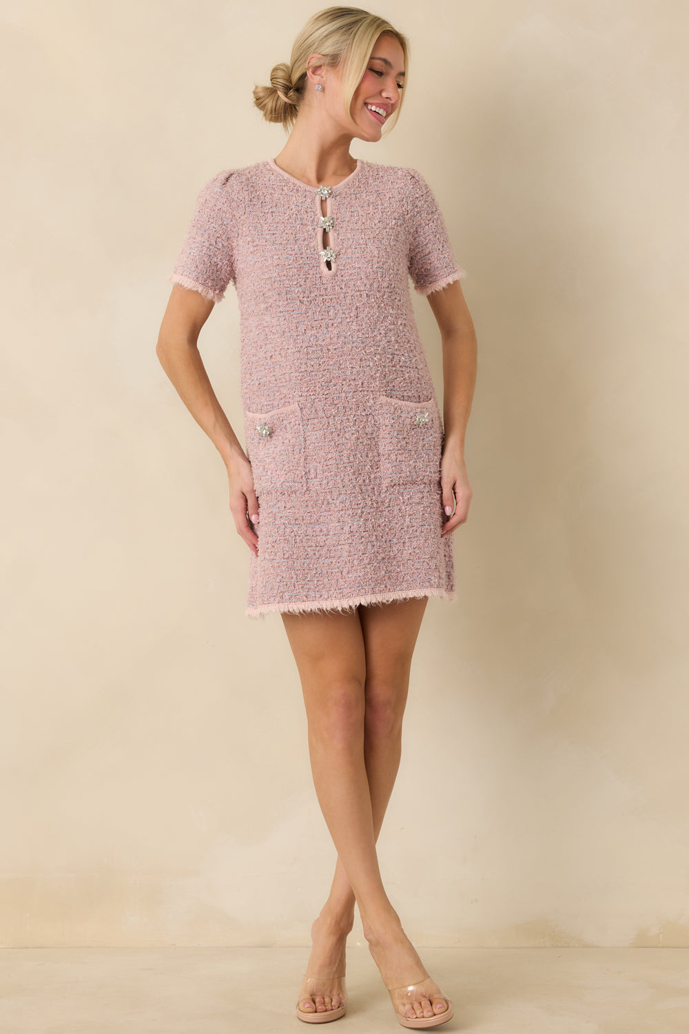 Dusty-Pink-Mini-Dress-With-Short-Sleeves-And-Round-Neckline
