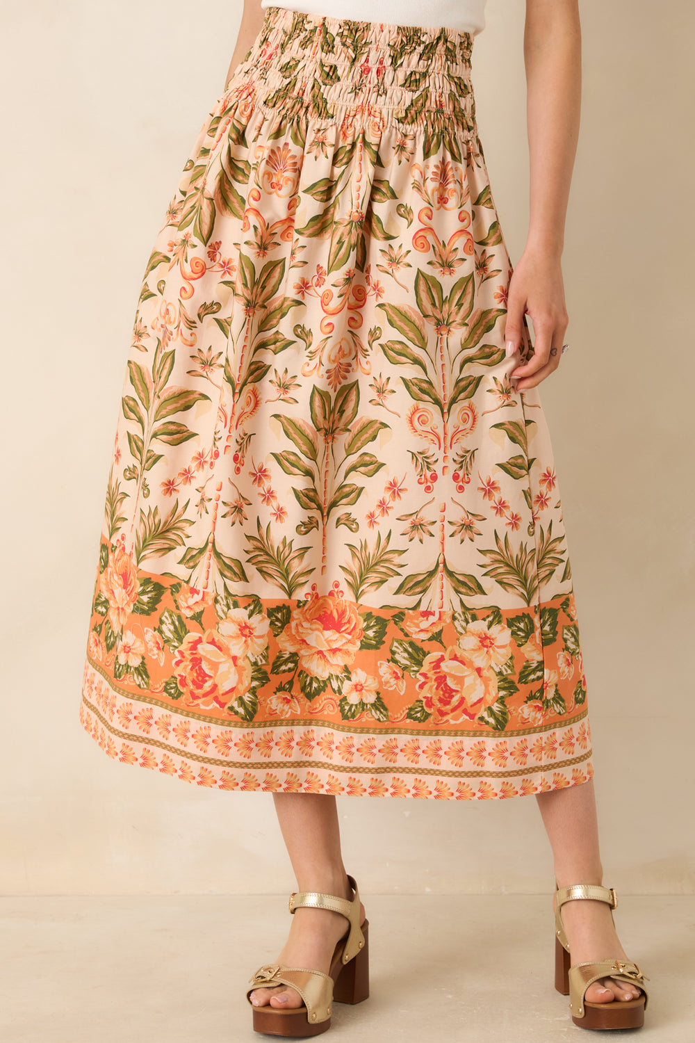Floral-Skirt-Highlighting-Smocked-Elastic-Waistband