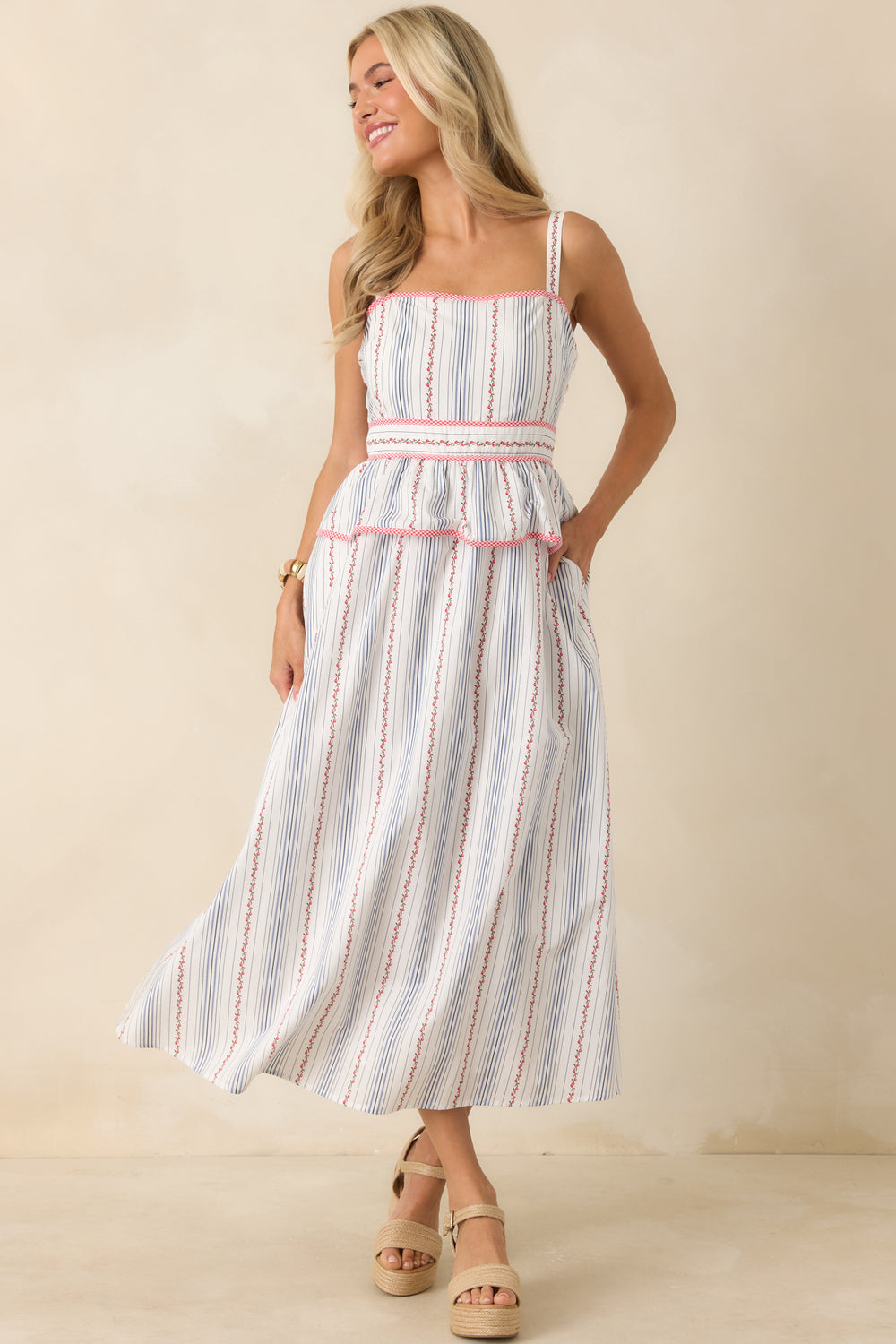 Floral-Stripe-Peplum-Midi-Dress