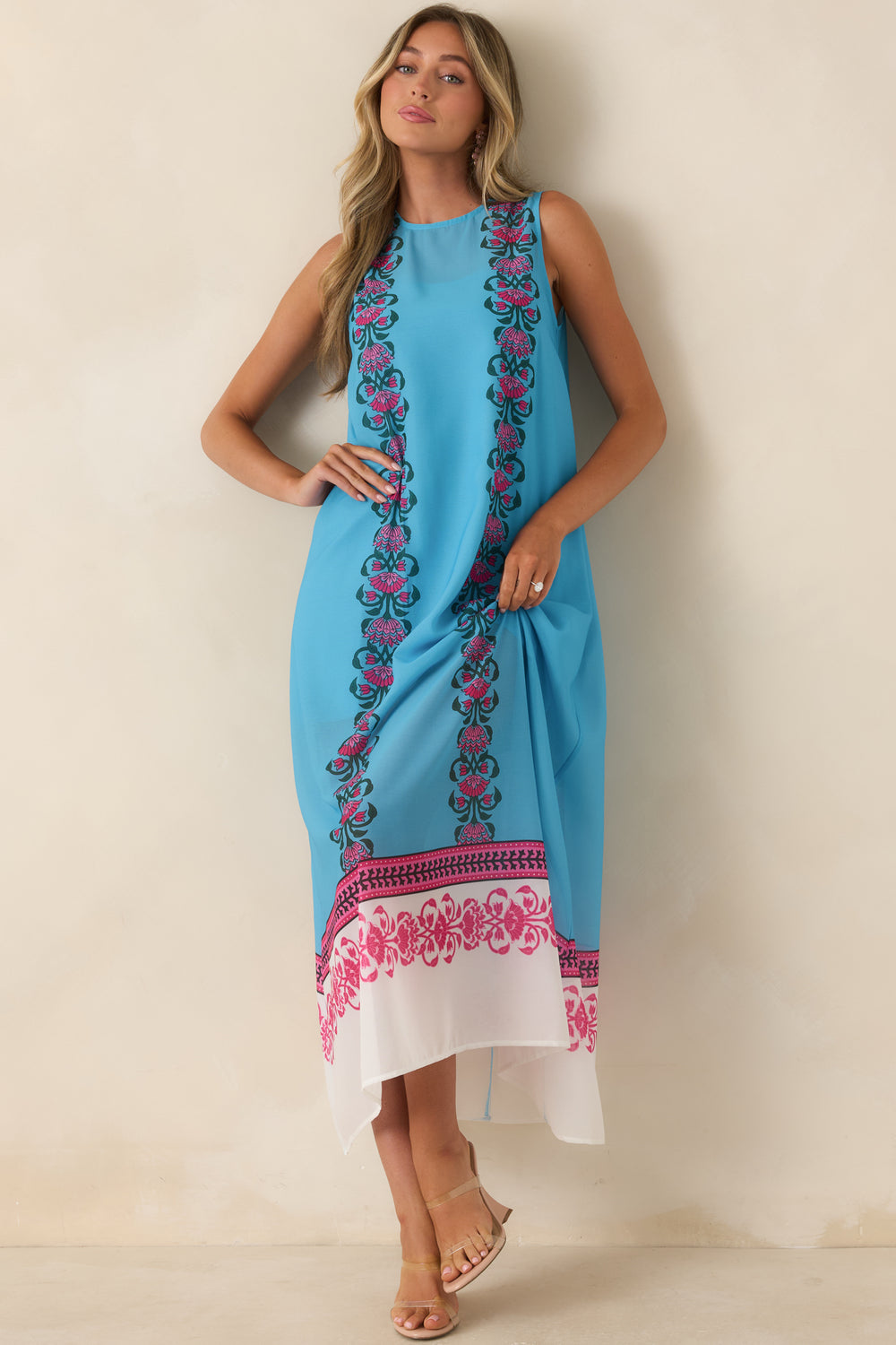 Flowing-Blue-Maxi-Dress-Floral-Border-Prints