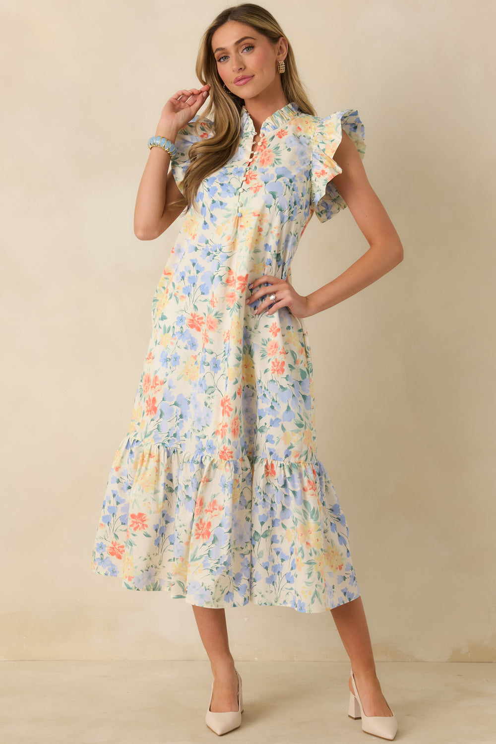 Front-View-Of-An-Ivory-Midi-Dress-With-Pastel-Print
