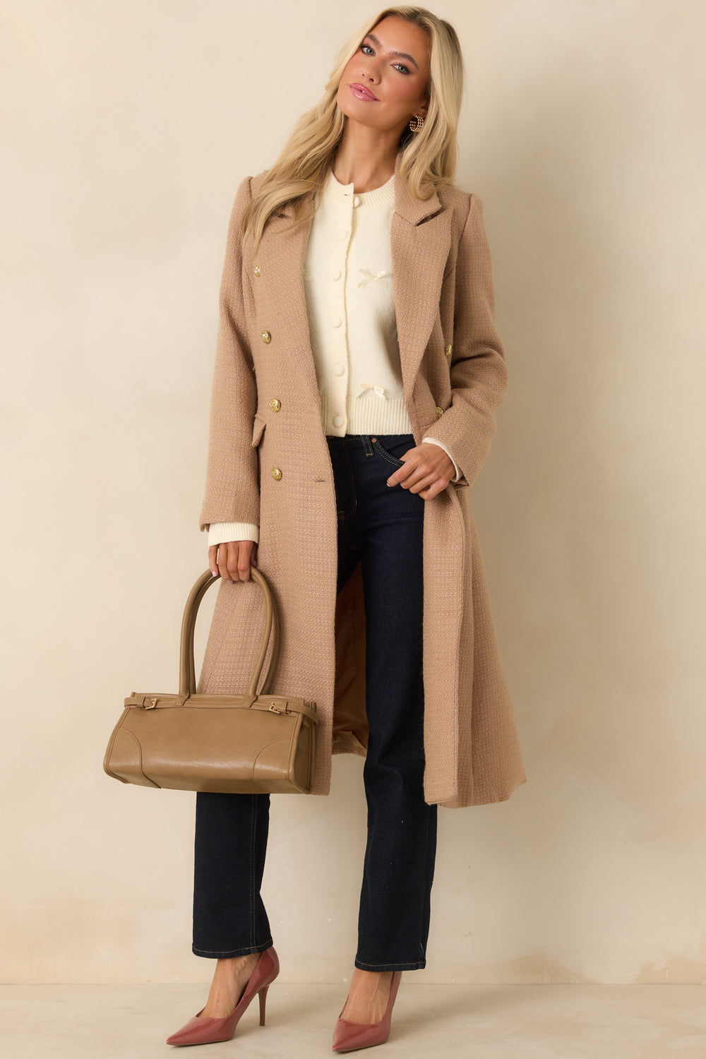 Front-View-Of-Camel-Topcoat-Featuring-A-Double-Breasted-Silhouette