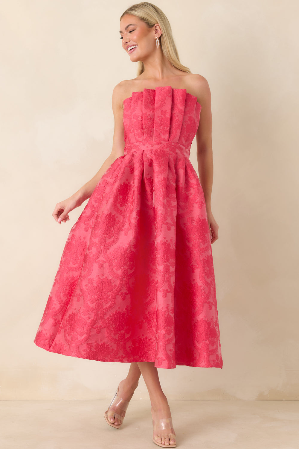 Front-View-Pink-Strapless-Jacquard-Midi-Dress-Pleated-Bodice