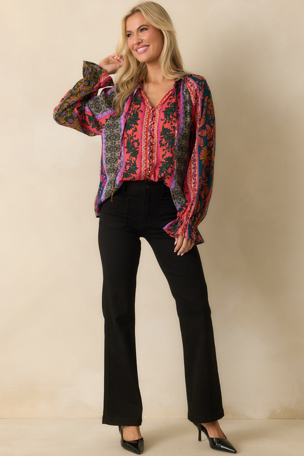 Full-Front-Dark-Teal-Blouse-Patchwork-Print-V-Neckline