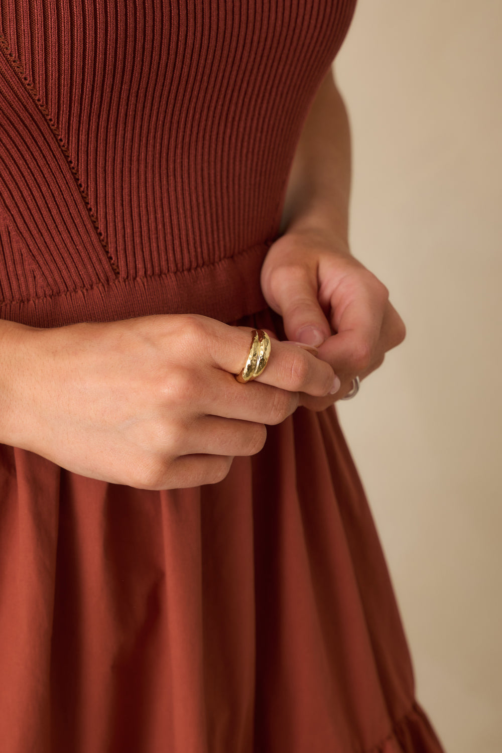 Gold-Ring-Wide-Dome-Crossover-Design-Hammered-Texture-Front-Angle