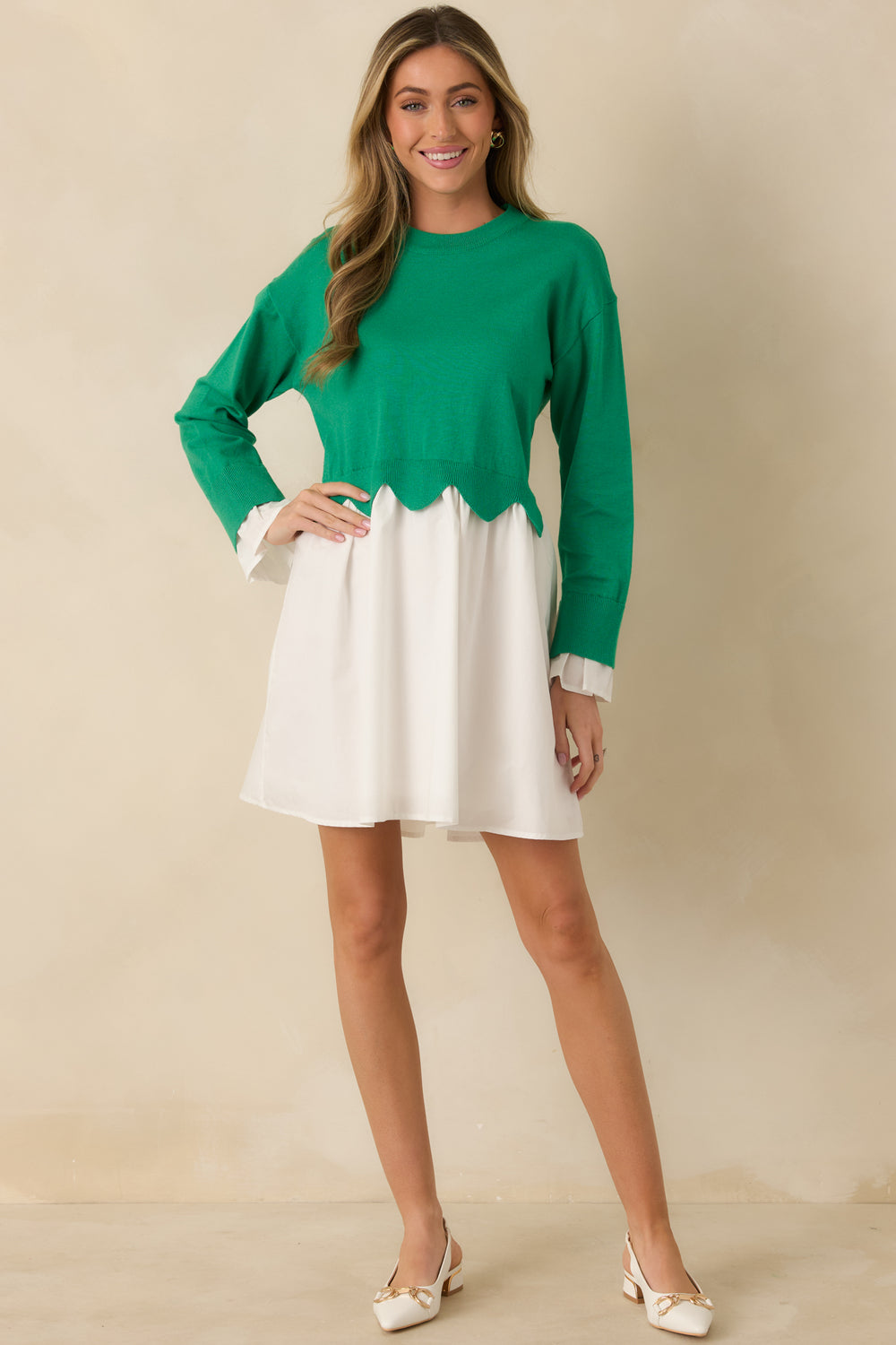 Green-And-White-Mini-Dress-Featuring-A-Soft-Knit-Bodice