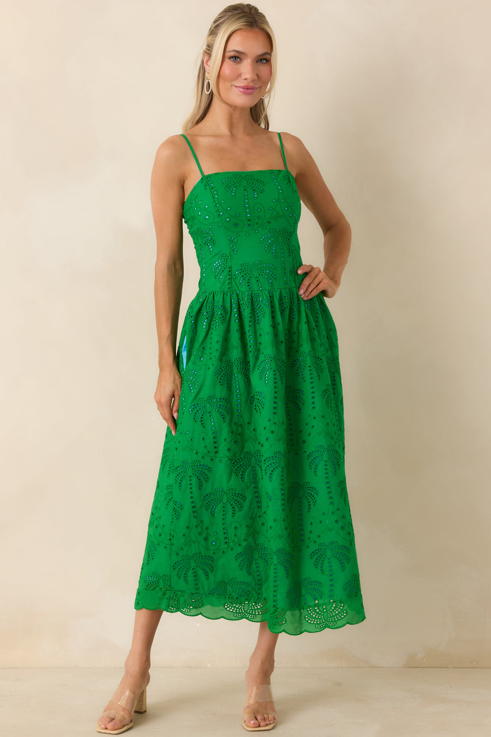Green-Cotton-Eyelet-Midi-Dress-With-Fitted-Bodice