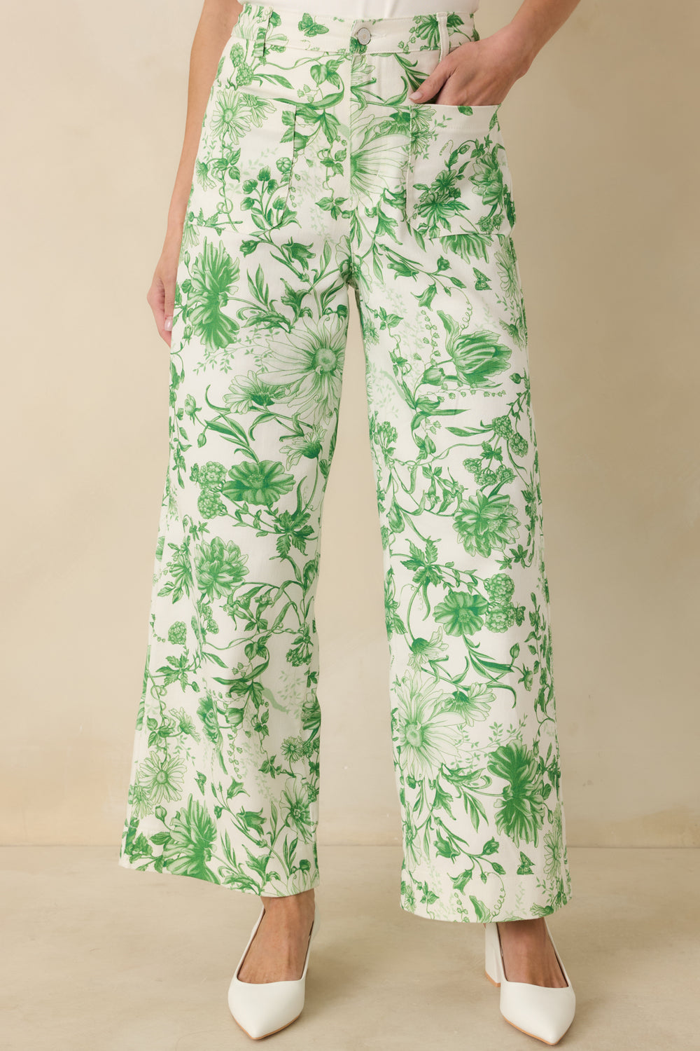 Green-Floral-Cotton-Pants-High-Rise-Straight-Leg