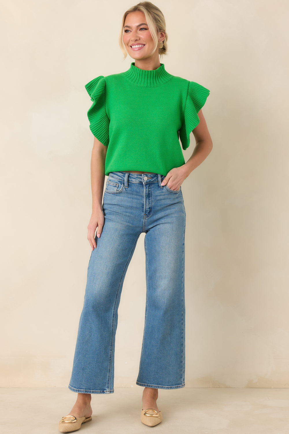 Green-Knit-Top-Featuring-A-Ribbed-Mock-Neckline
