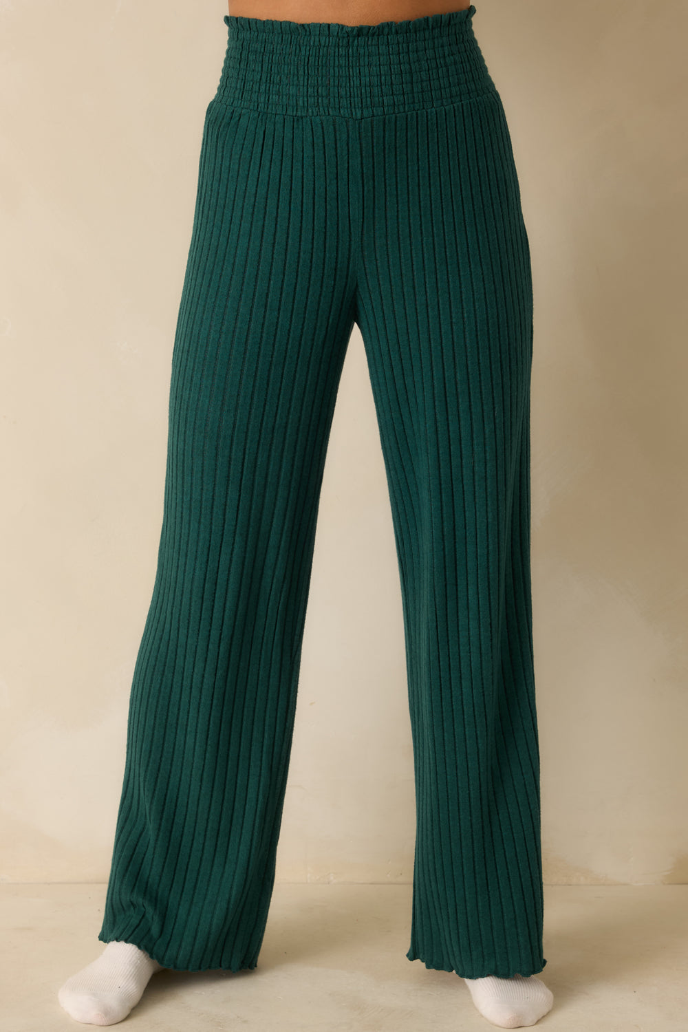 Green-Ribbed-Knit-Smocked-Waistband-Midweight-Stretch-Smooth-Comfort