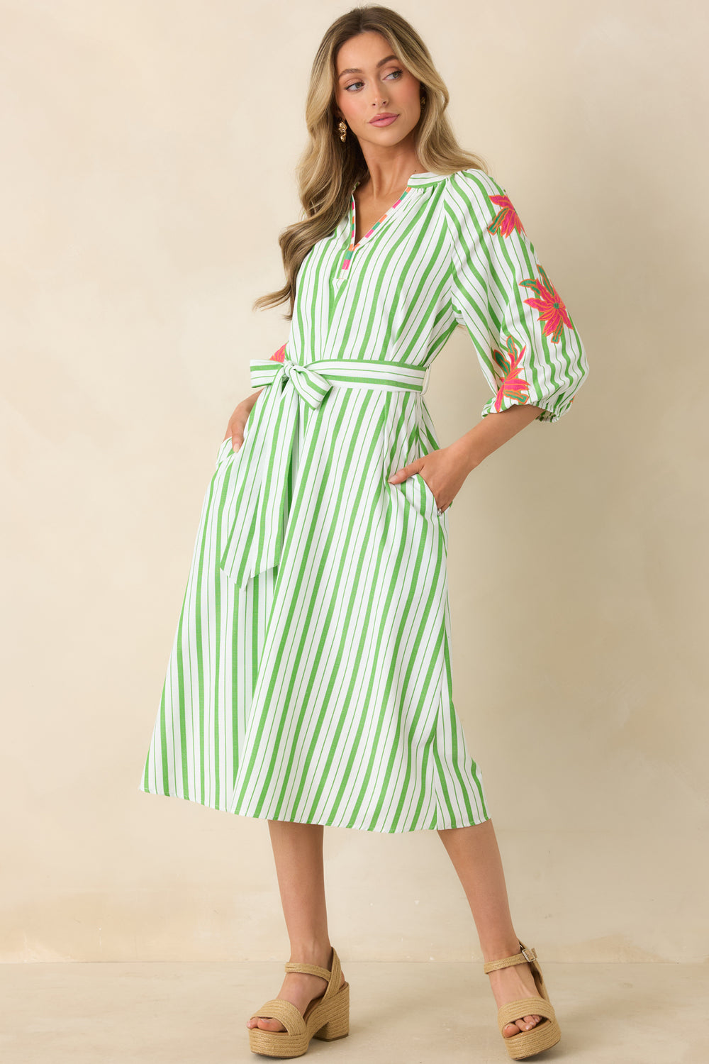 Green-Stripe-Floral-Midi-Dress-With-Puff-Sleeves