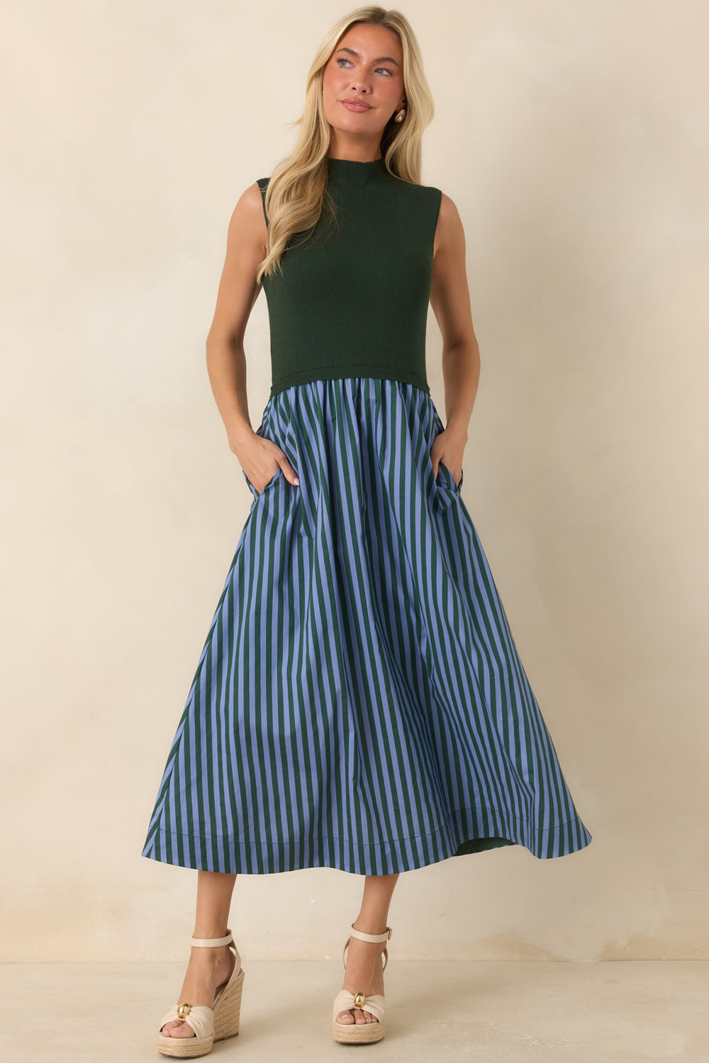 Hunter-Green-Midi-Dress-With-Light-Blue-Stripes