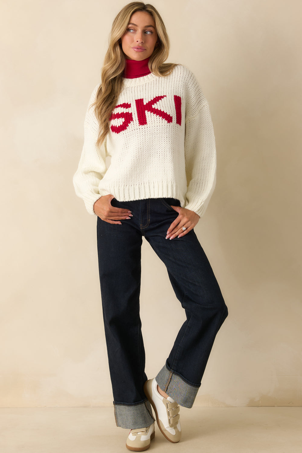 Ivory-Knit-Sweater-Full-Body-Red-SKI-Lettering-Relaxed-Fit