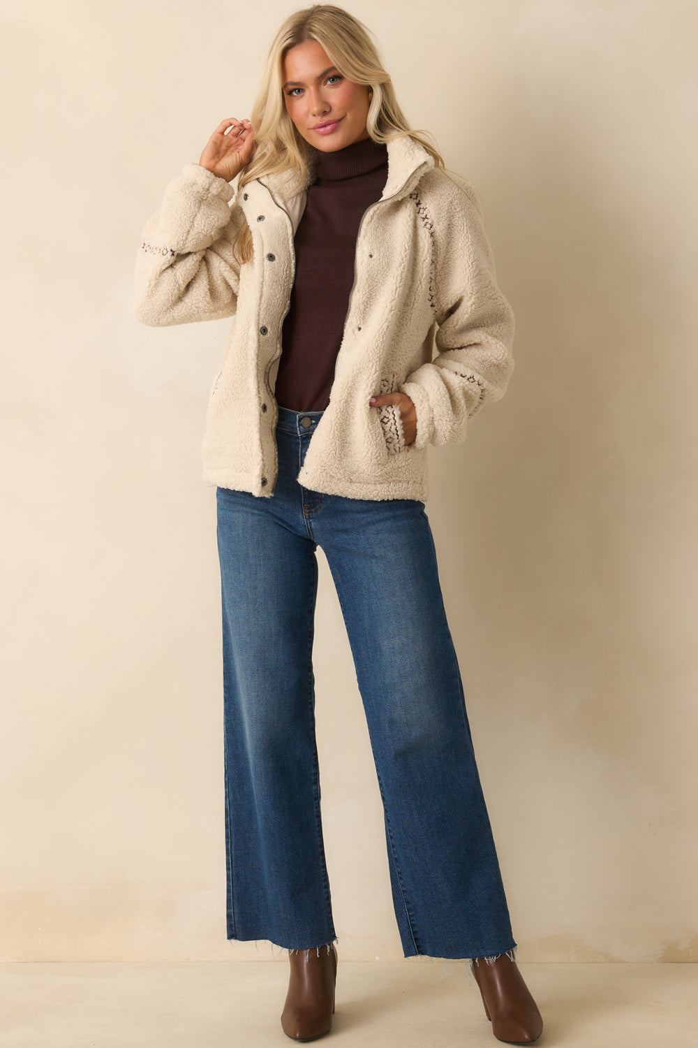 Ivory-Sherpa-Jacket-Stand-Collar-Zip-Snap-Button-Long-Sleeves