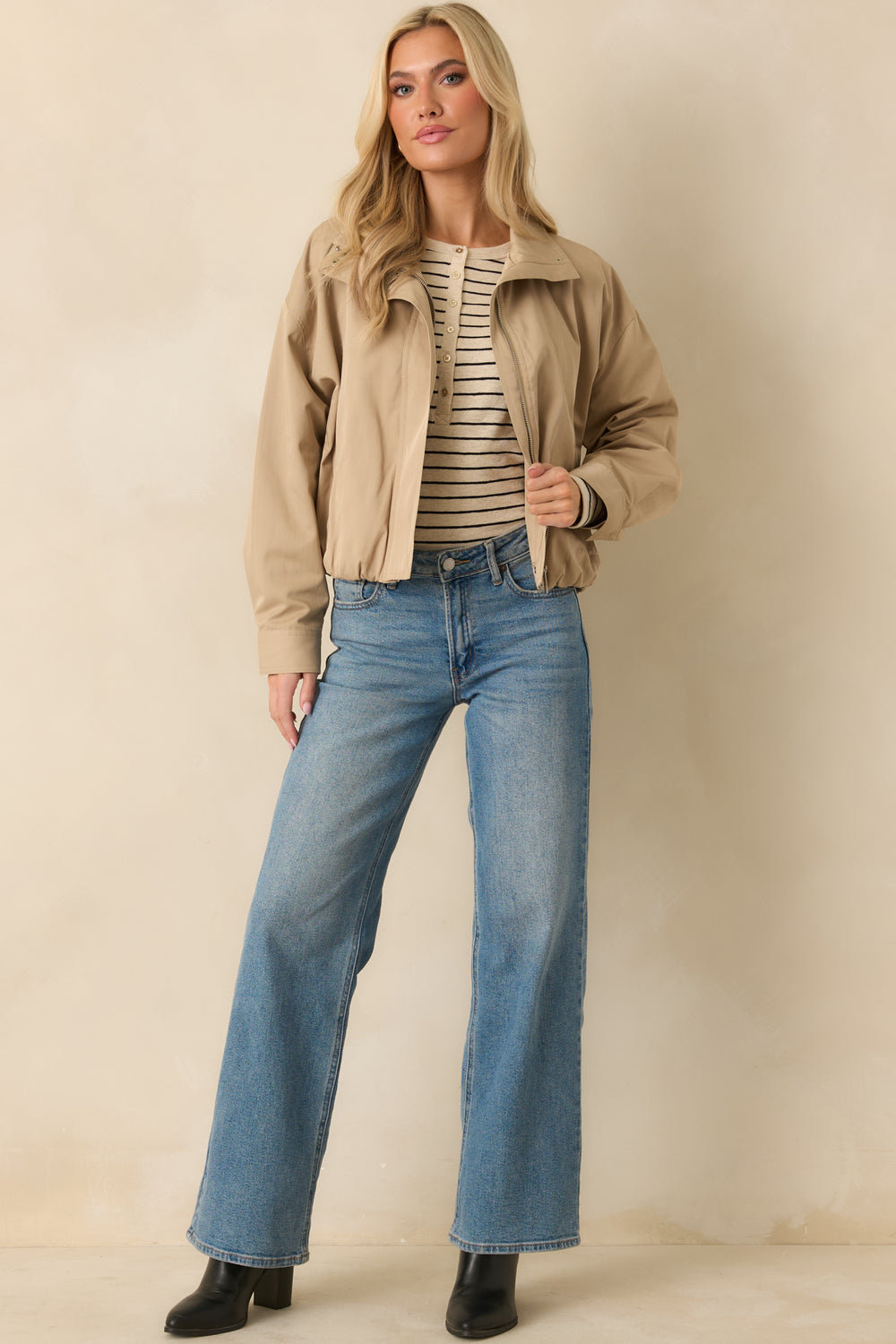 Khaki-Bomber-Jacket-With-A-Smooth-Woven-Shell