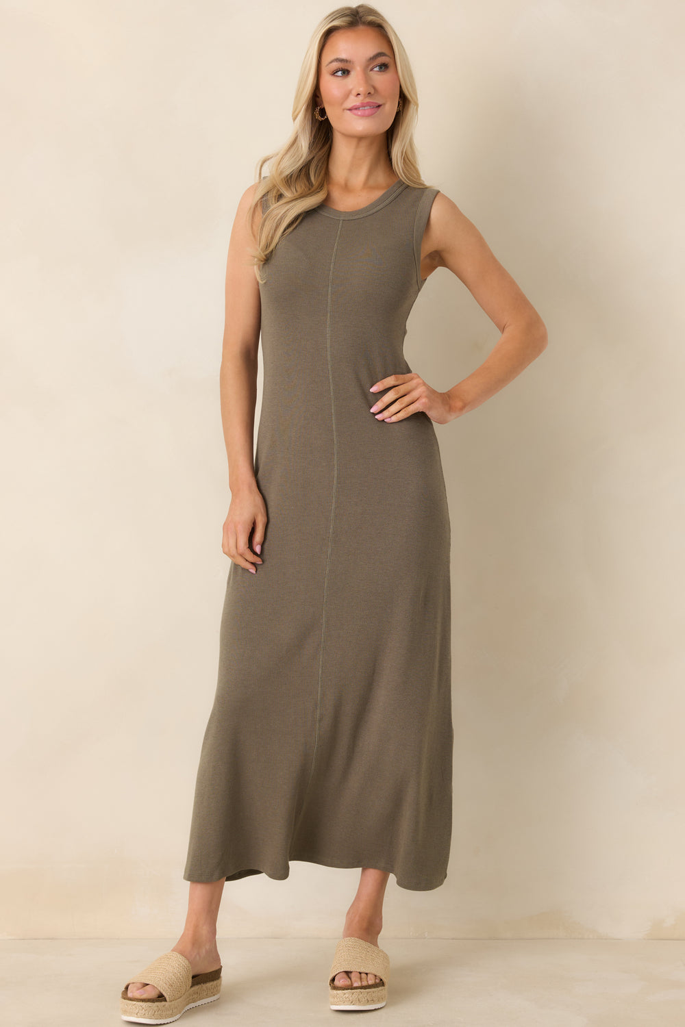 Khaki-Green-Sleeveless-Maxi-Dress-Slub-Rib-Crew-Neck-Bodice