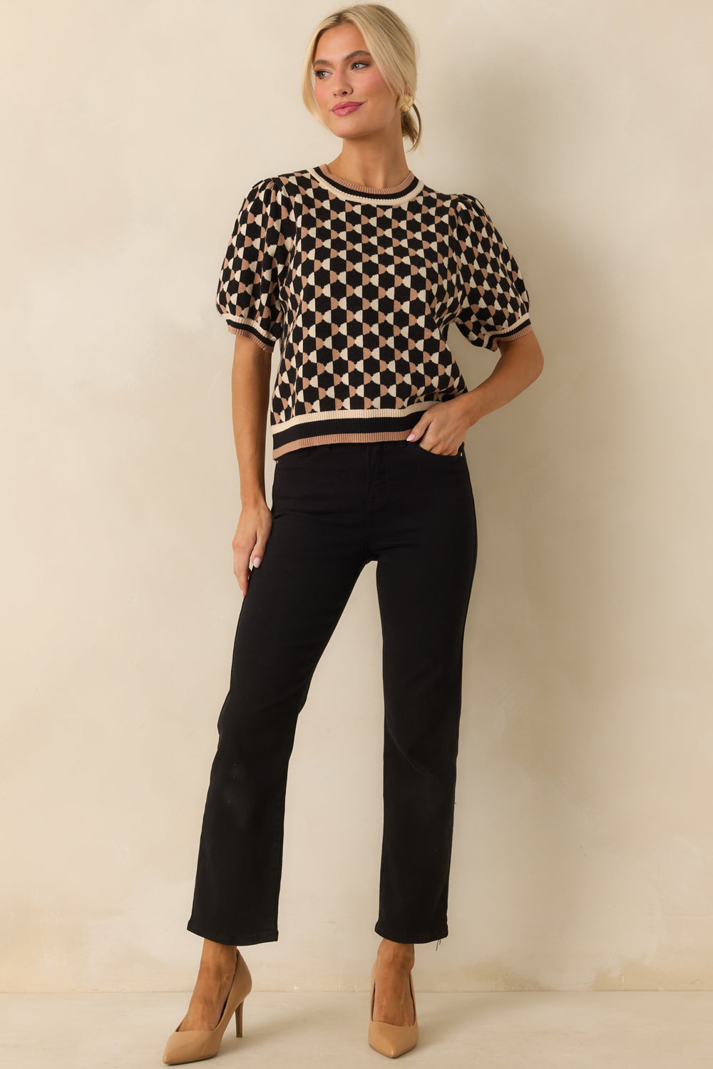 Knit-Top-Geometric-Print-Crew-Neckline-Puff-Sleeves-Ribbed-Hems