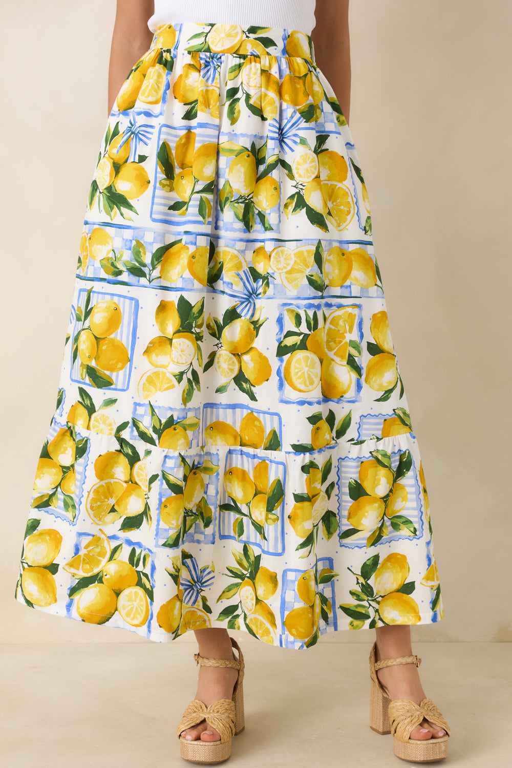 Lemon-Print-Midi-Skirt-Elastic-Waist-Cotton-Ivory