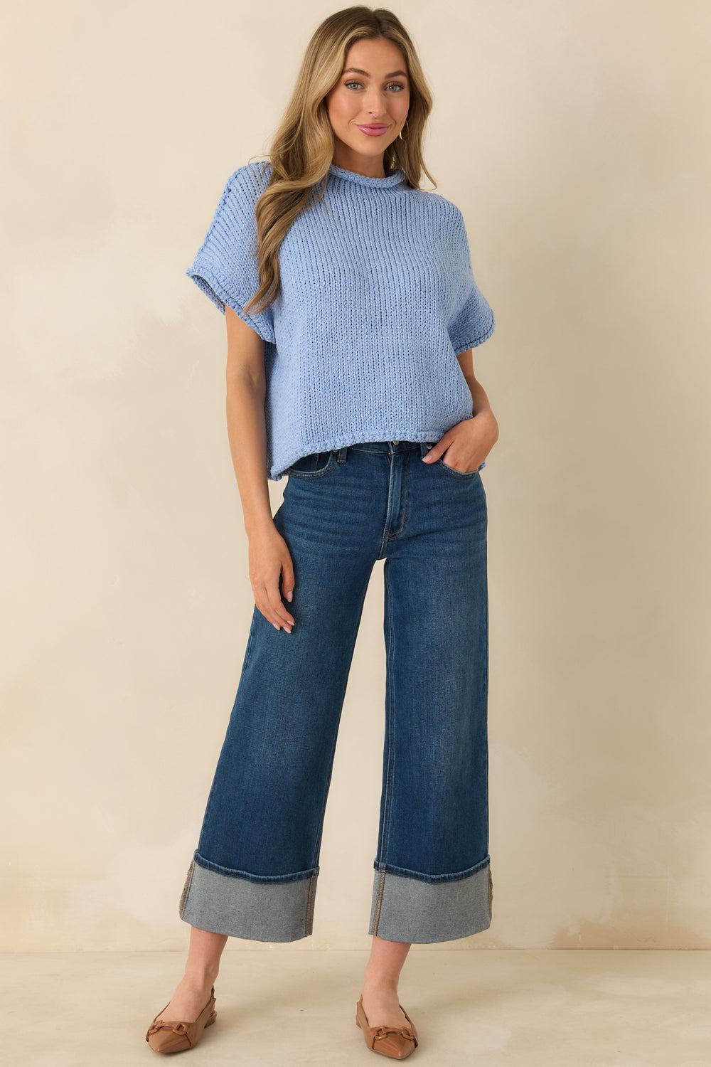 Light-Blue-Chunky-Knit-Sweater-With-Short-Sleeves