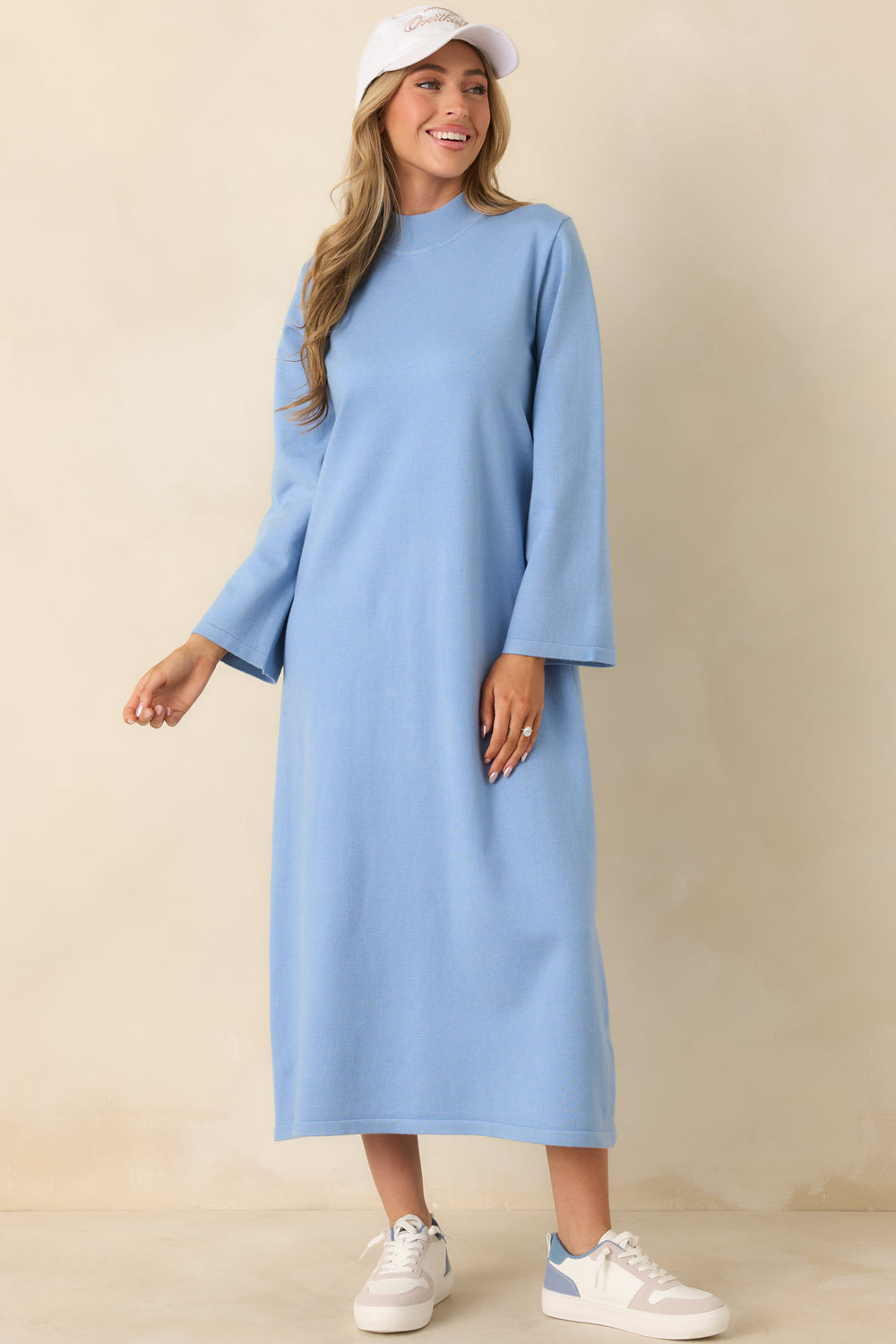 Light-Blue-Knit-Midi-Dress-With-A-Straight-Shift-Silhouette