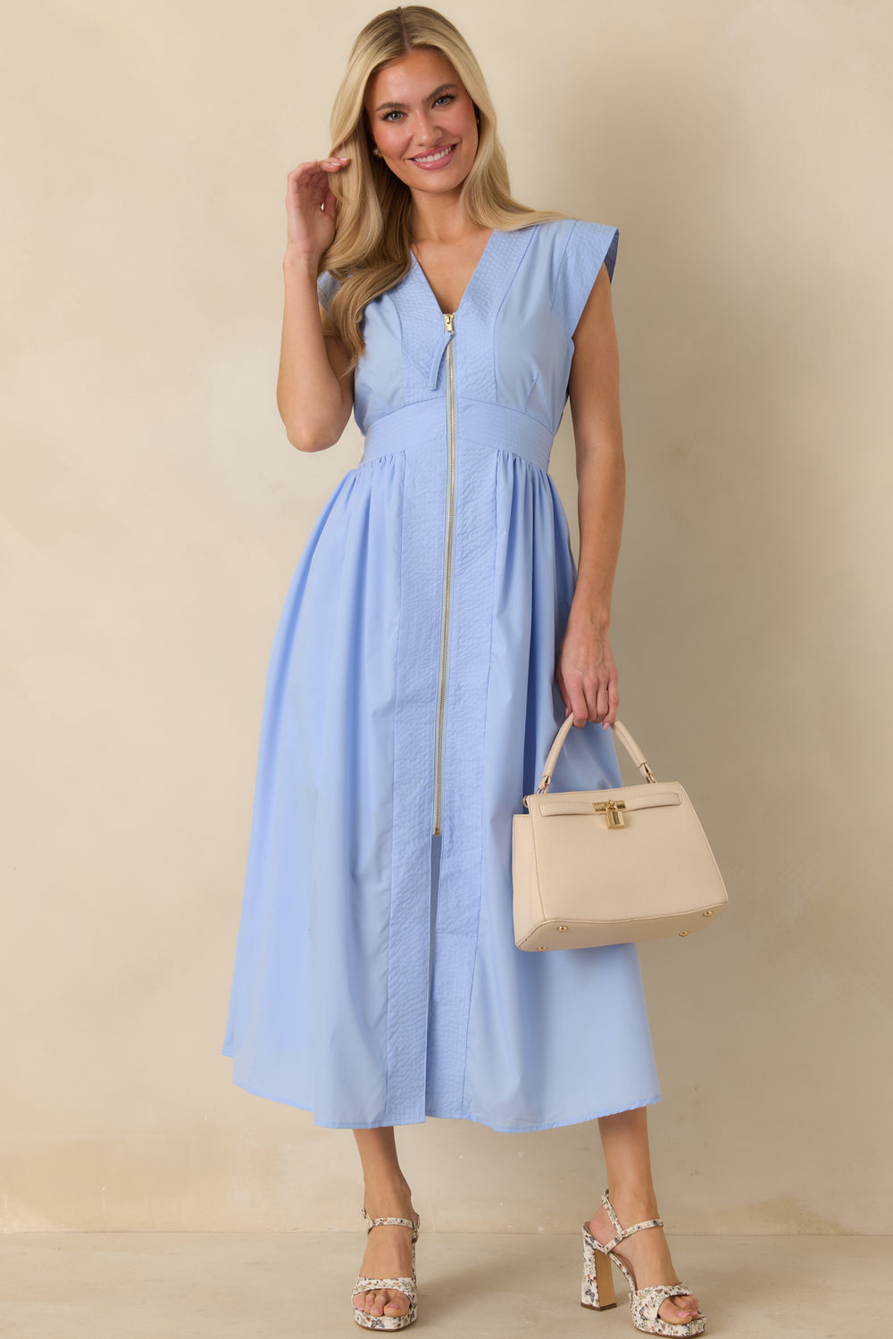 Light-Blue-Sleeveless-Midi-Dress-With-V-Neckline
