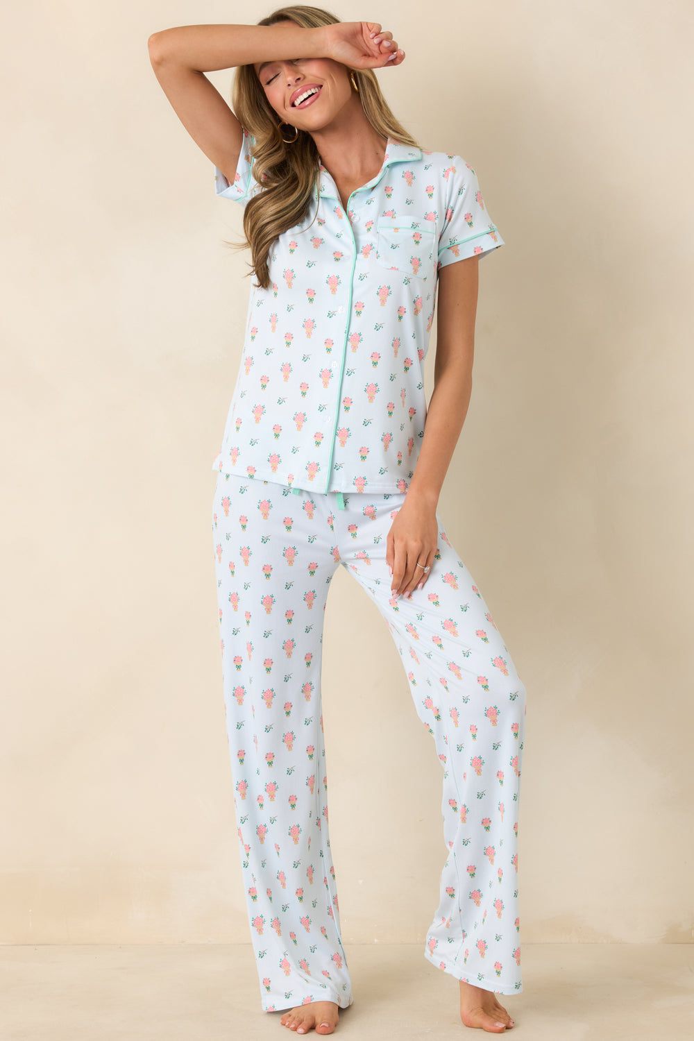 Light-Green-Button-Front-Top-With-Floral-Bouquet-Print