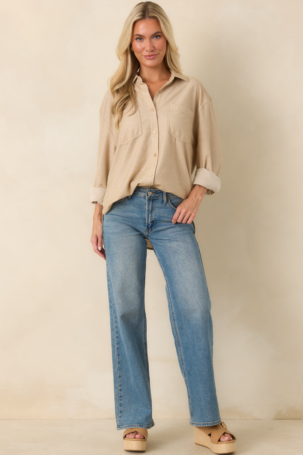 Light-Toffee-Collared-Button-Up-Pocket-Top