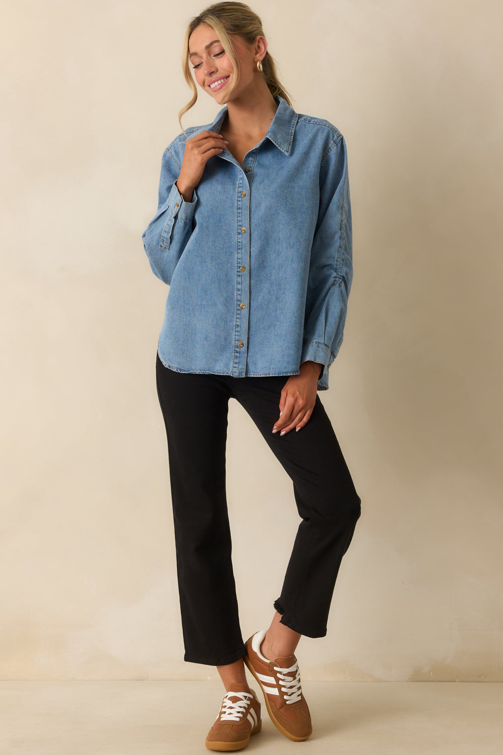 Light-Wash-Denim-Top-Collared-Neckline-Long-Sleeves-Button-Cuffs