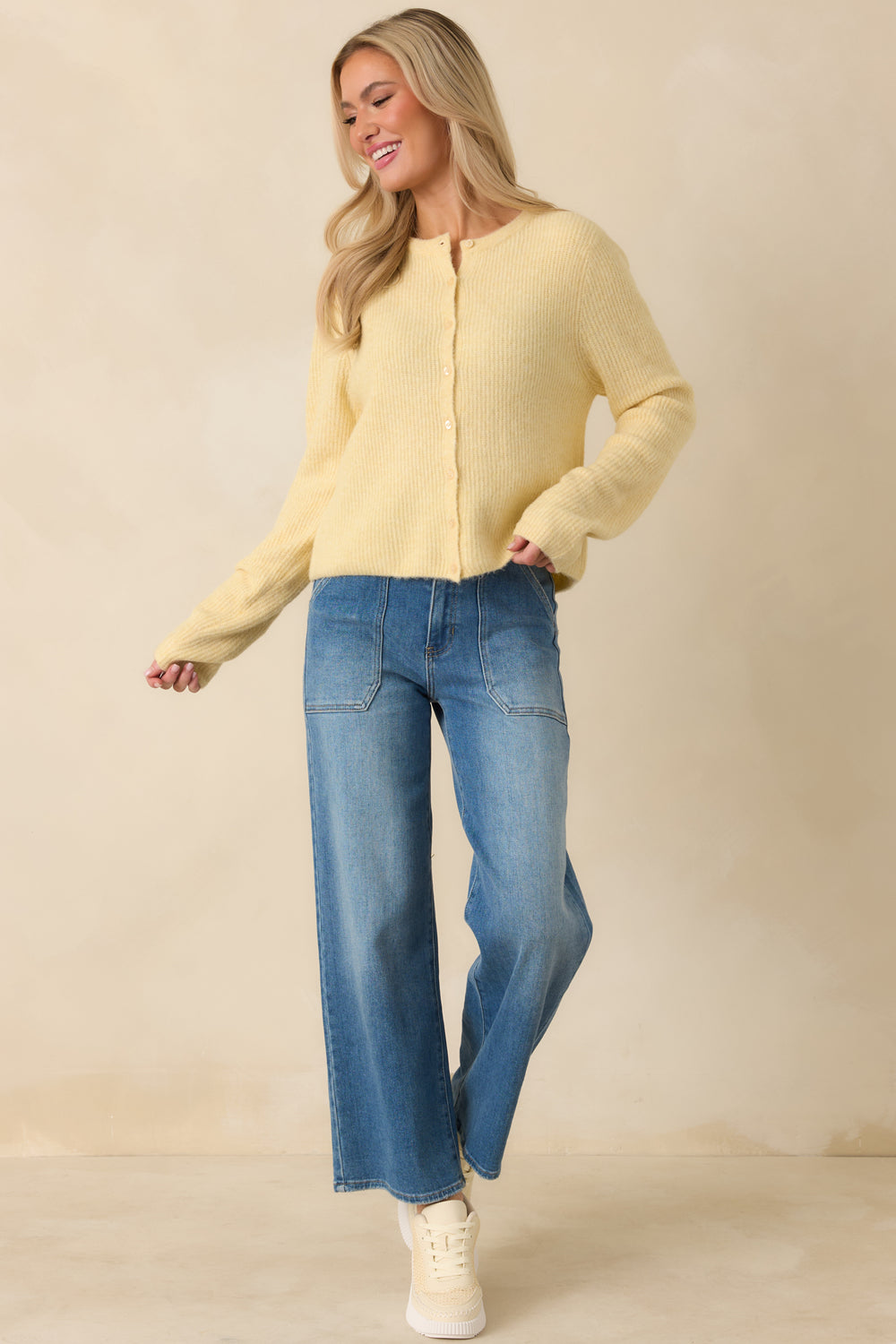 Light-Yellow-Ribbed-Knit-Cardigan-Relaxed-Fitted-Crew-Neck-Long-Sleeves