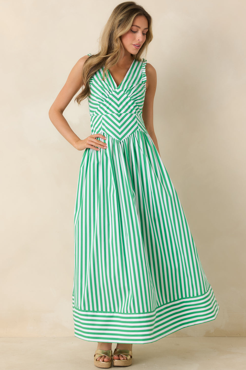 Mixed-Stripe-Midi-Dress-With-Chevron-Bodice