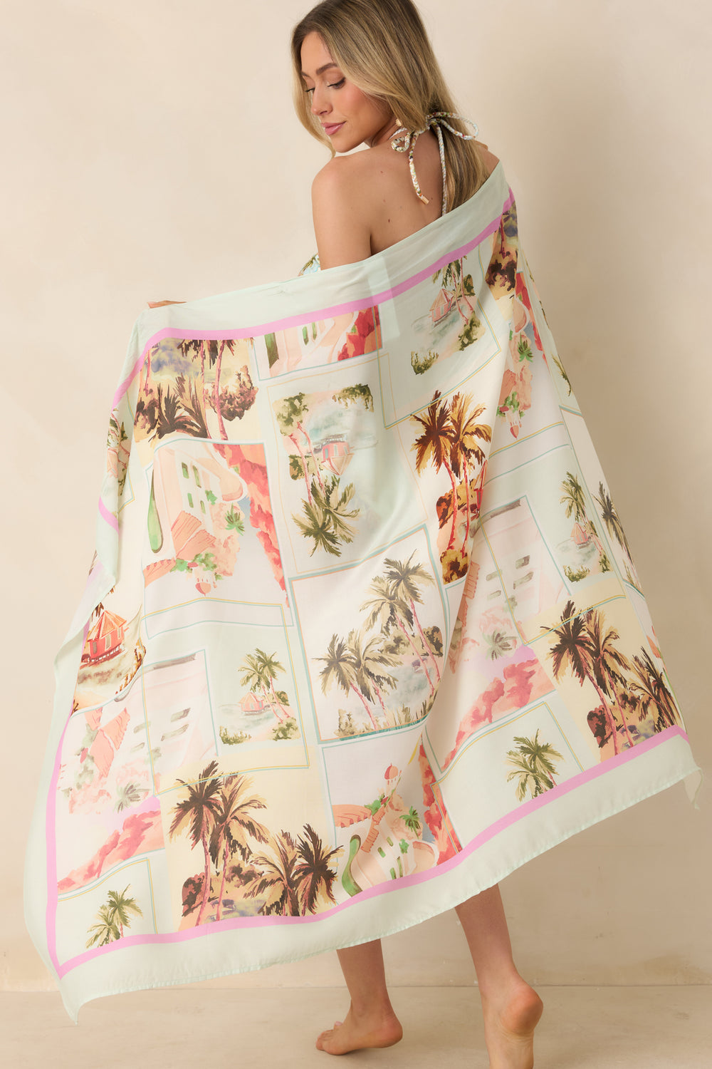 Multi-Vintage-Postcard-Print-Sarong-With-Wrap-Style-Silhouette