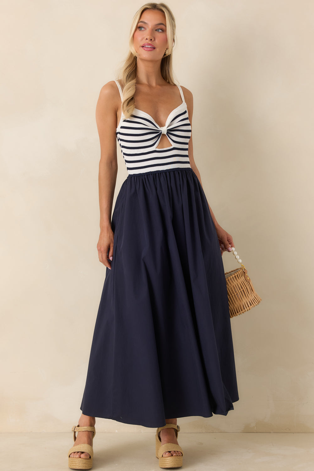 Navy-And-Ivory-Midi-Dress-With-Twist-Front-Bodice