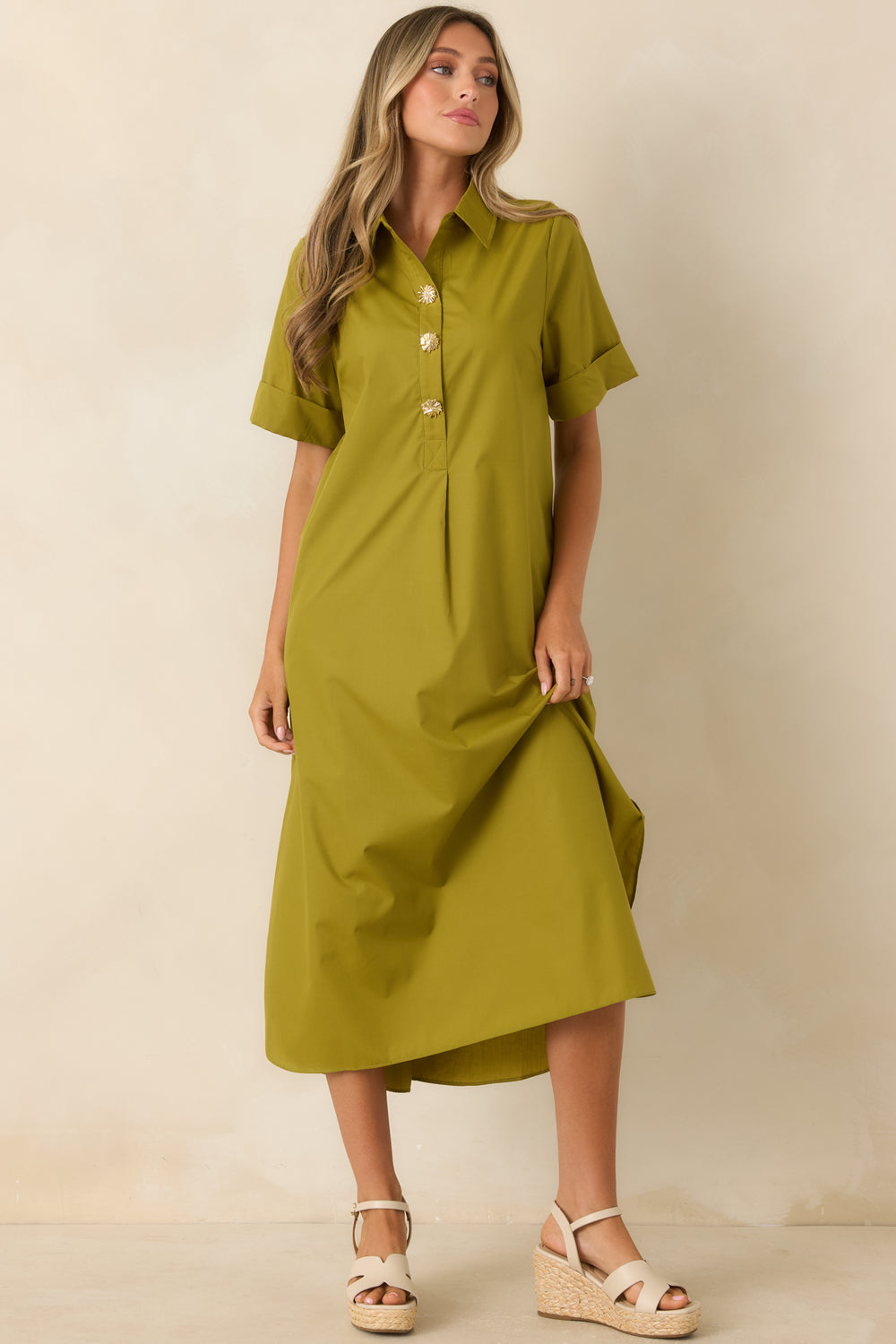 Olive-Green-Woven-Maxi-Dress-Floral-Buttons