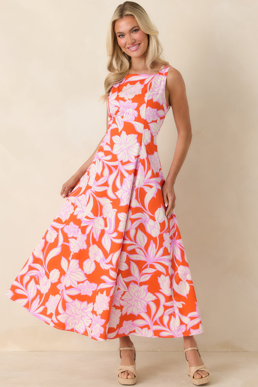 Orange-Floral-Maxi-Dress-With-Orchid-Pink-Blooms